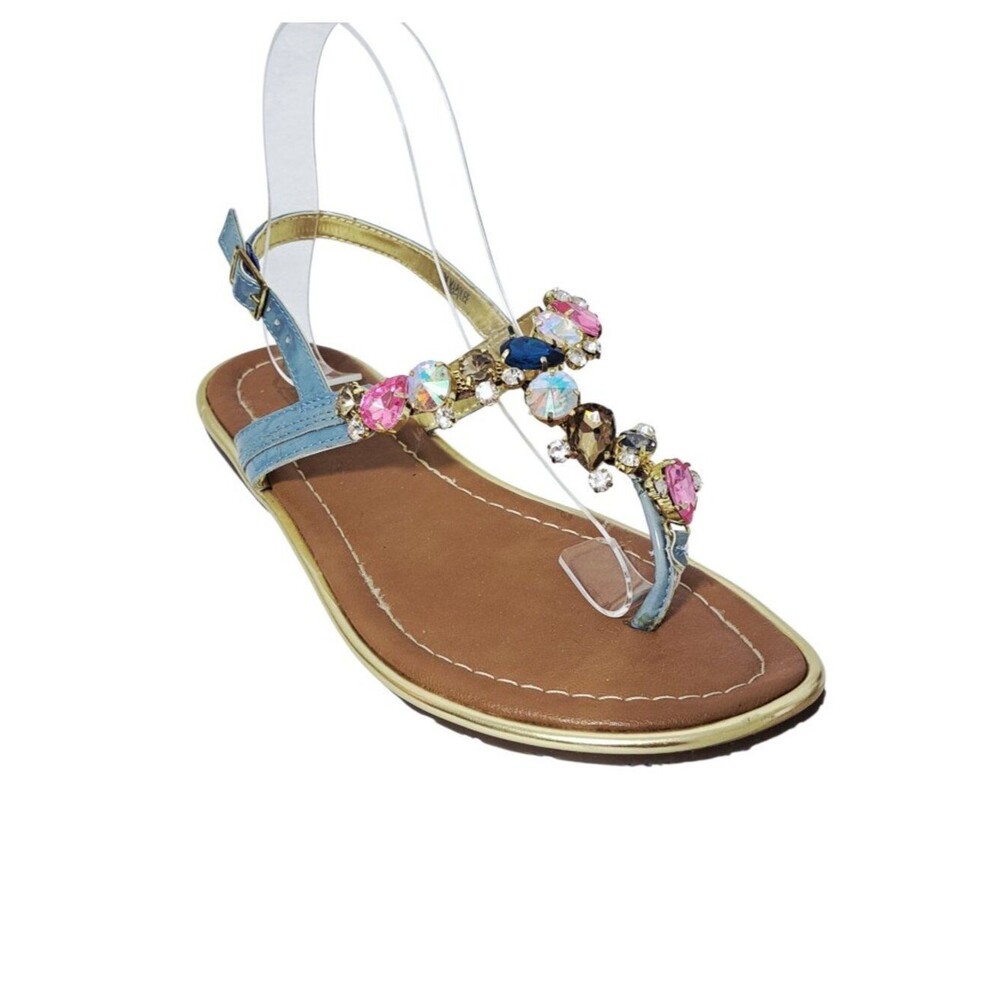 Marquee Women T-Strap Flat Sandals Blue Leather Jewel Embellishments Travel Sz 7